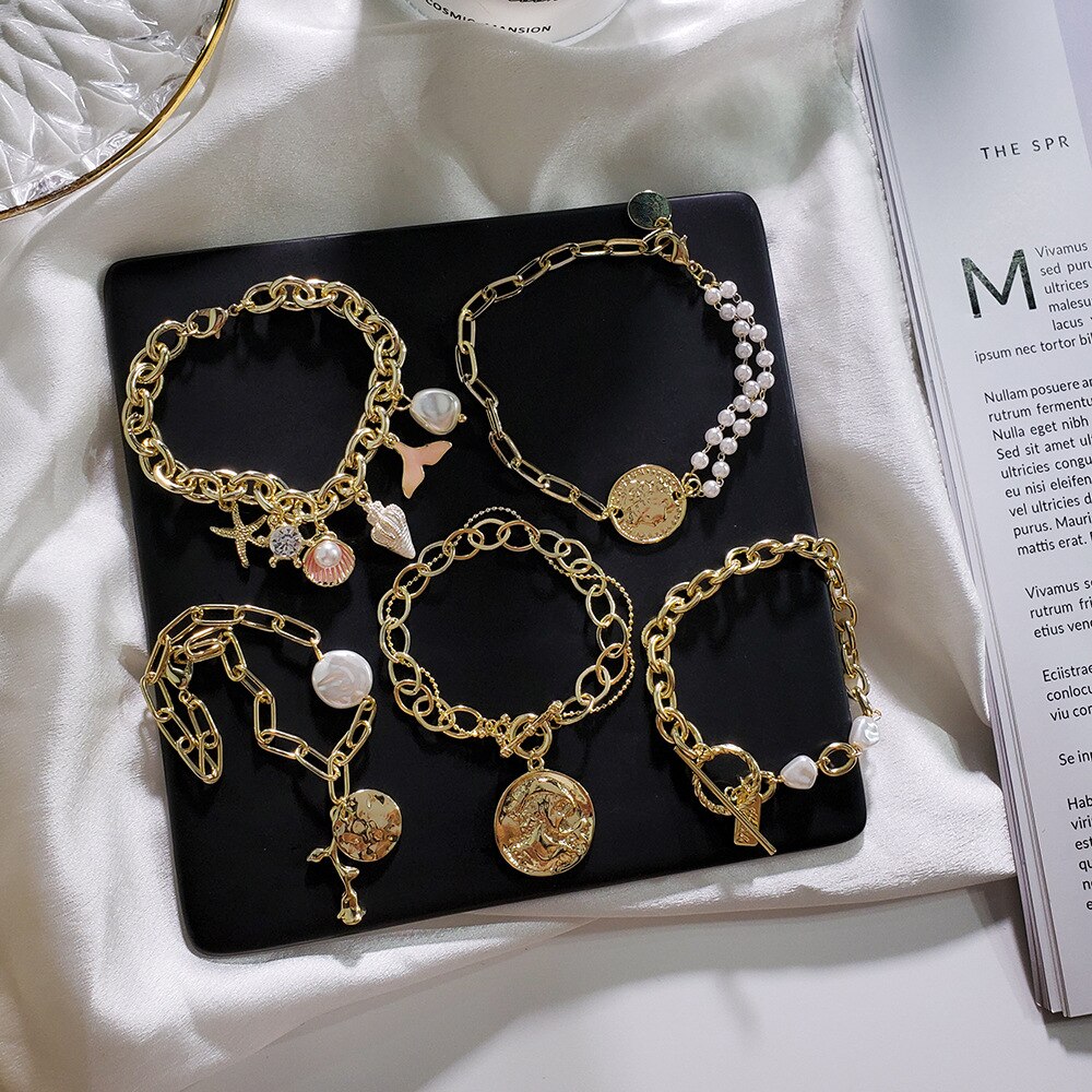 style personality retro gold plated human like pearl bracelet ocean wind gold thick bead chain bracelet Jewelry woman