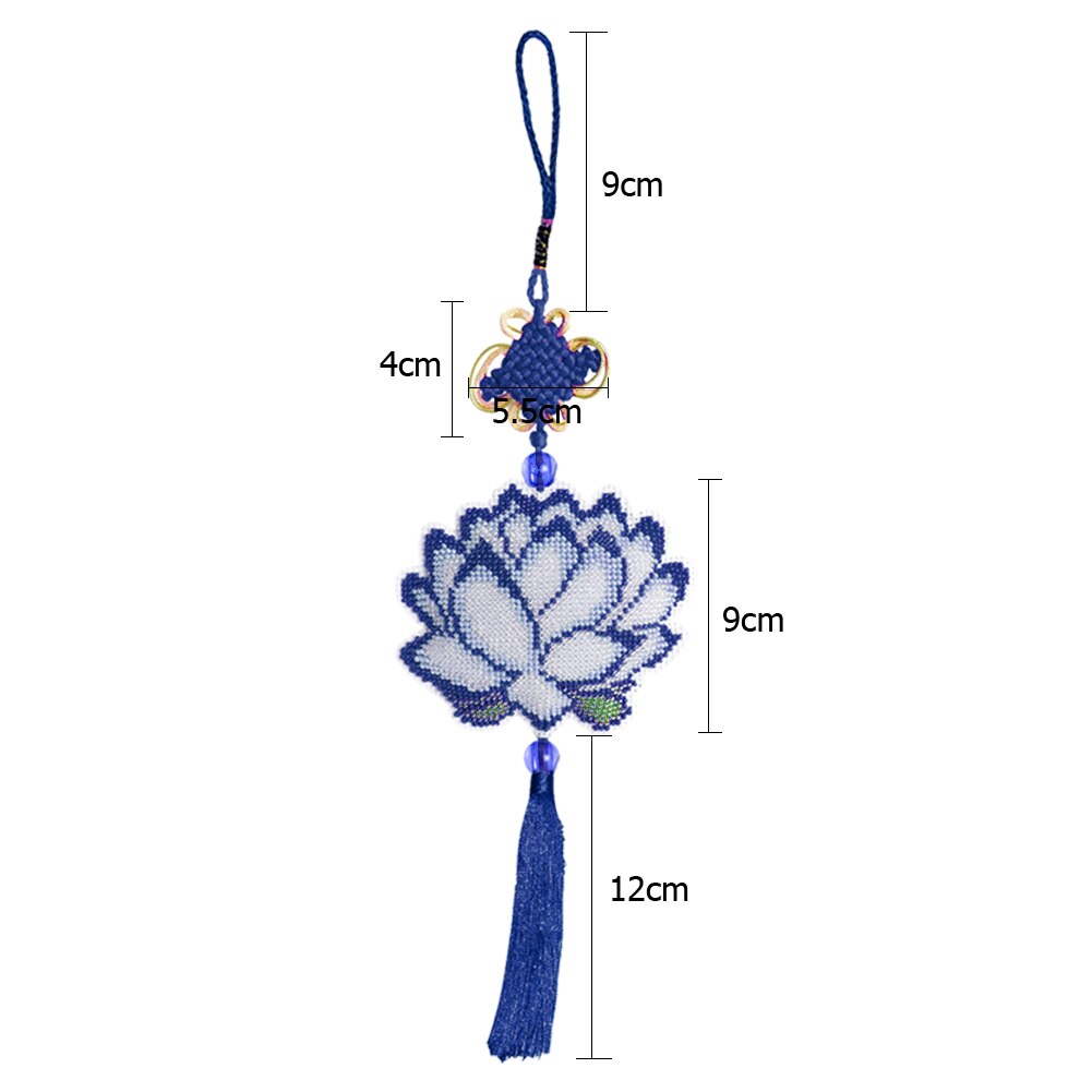 Kit de punto de cruz con cuentas, flor de loto bordado de hecho a mano, bolsa de llavero, decoración de colgante de coche, artesanía de adorno de nudo chino