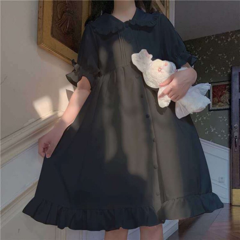 Blanco Lolita de diario vestido para adolescentes Retro Vintage gótico victoriano estilo japonés, estudiante de la escuela volantes chica dulce princesa: Negro / L