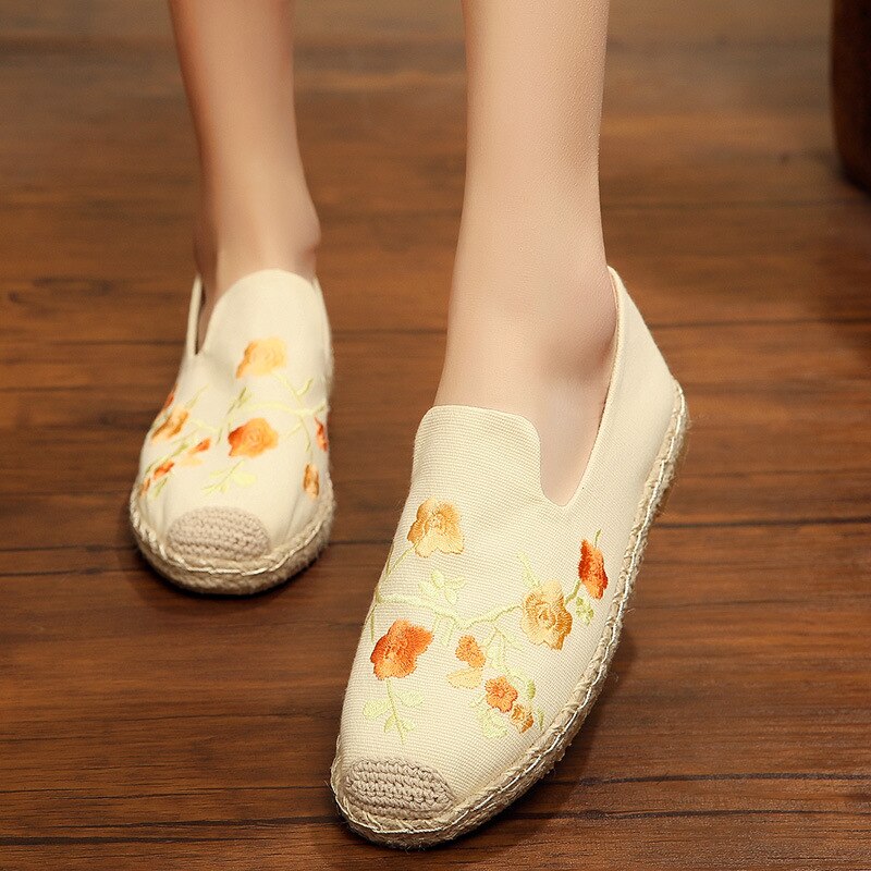 Johnature toile chaussures décontracté Floral sans lacet bout rond Style National printemps/automne broder femmes chaussures