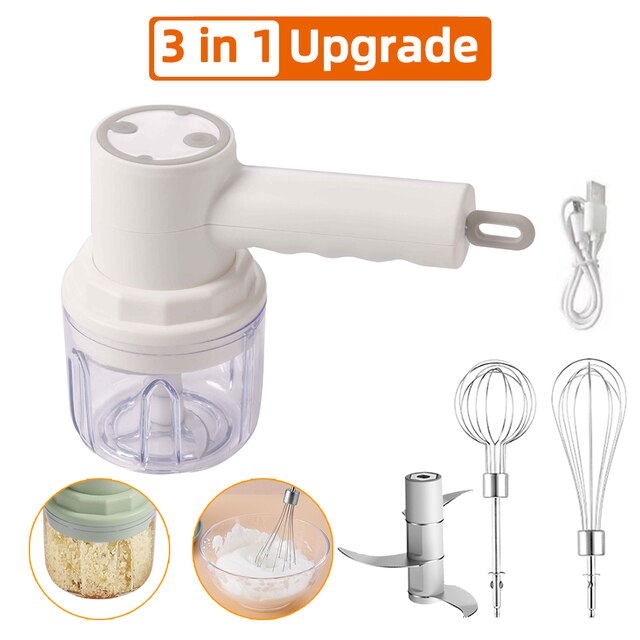 Mezclador de alimentos eléctrico inalámbrico 2 en 1, batidora de alimentos eléctrica de alta potencia, batidora de masa, batidor de huevos, batidora manual para hornear, herramientas de cocina: Upgrade 3 in 1 White
