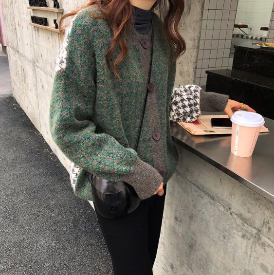 Suéteres de mujer de gran tamaño, suéter de otoño e invierno, cárdigans vintage con botones y cuello redondo, cárdigan holgado de una sola botonadura y mangas abullonadas.: Verde