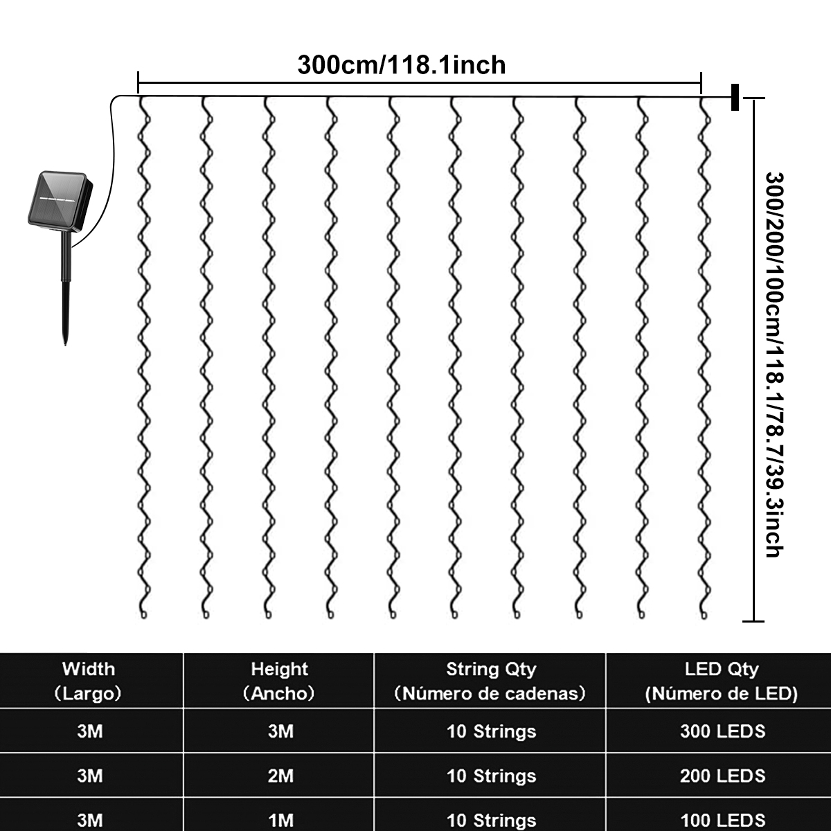 1 paquete de 300 luces LED de cortina solar para exteriores, 8 modos, luces de hadas, IP44 impermeable, decoración navideña de pared de jardín 9,8 pies x 9,8 pies