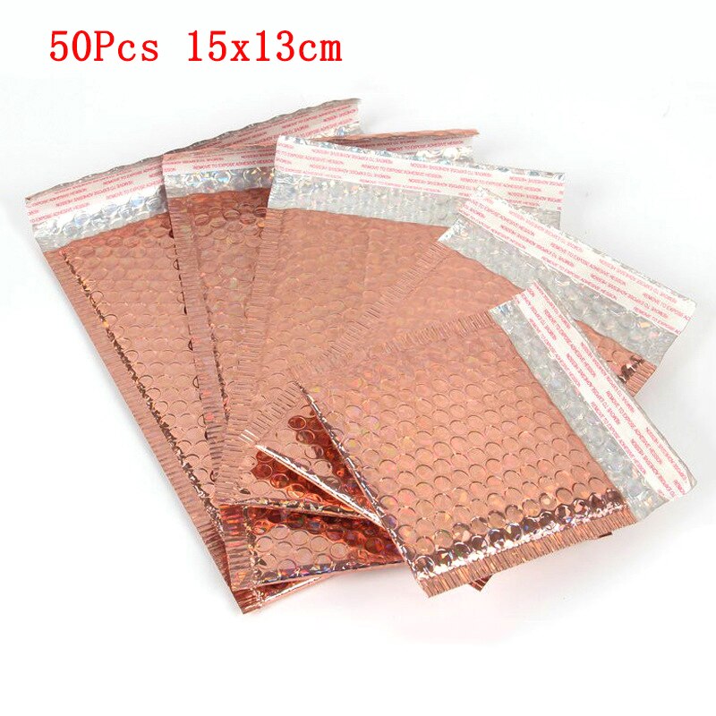 50 PCS/Lot Rose Gold Plastic Bubble Envelopes Bags, Padded Envelope, Waterproof Bubble Bags: Rose Laser 15x13cm