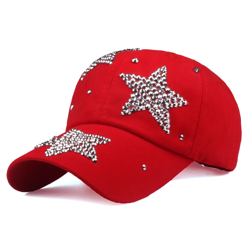 [yarbuu] mærke baseball kasketter rhinestone kasket med tre stjerner snapback casquette hat til kvinder dame ensfarvet: Rød