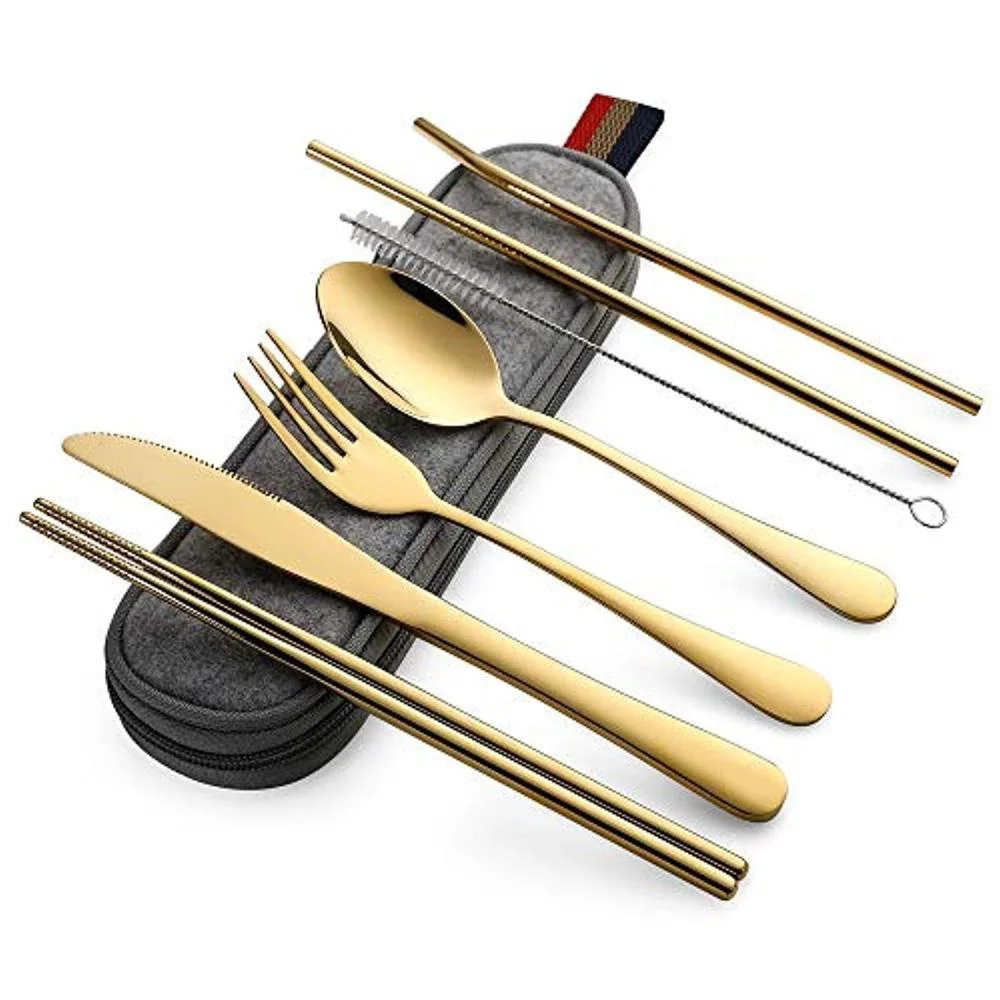 Geschirr, wiederverwendbares Reisebesteck-einstellen, Lager-Utensilien mit Edelstahl, Löffel, Gabel, Stäbchen, Strohhalm, tragbarer Koffer: Gold