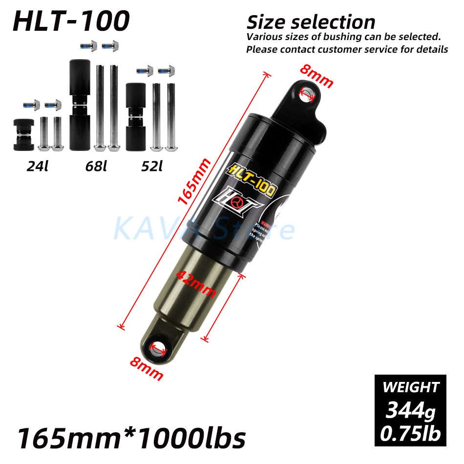 HTL-100 Mountain Bicycle Rear Shock 125/150/165/185mm 850/1000 lbs Aluminum alloy Oil Spring Shocks for MTB e-bike Snow Bike: 165mm x 1000lbs