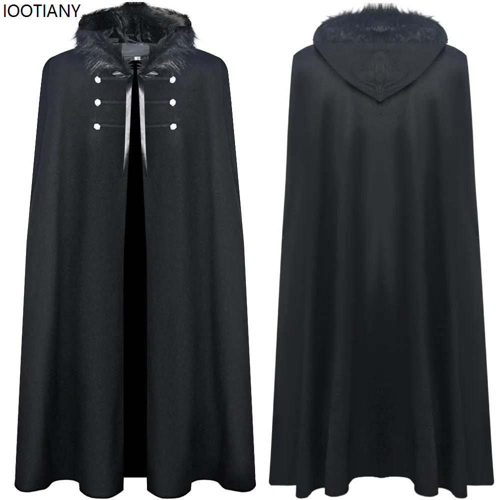 Medieval King General Cosplay Capes Halloween Festival Party Viking Hooded Fur Collar Cloak Vintage Solid Colour Steampunk Coats