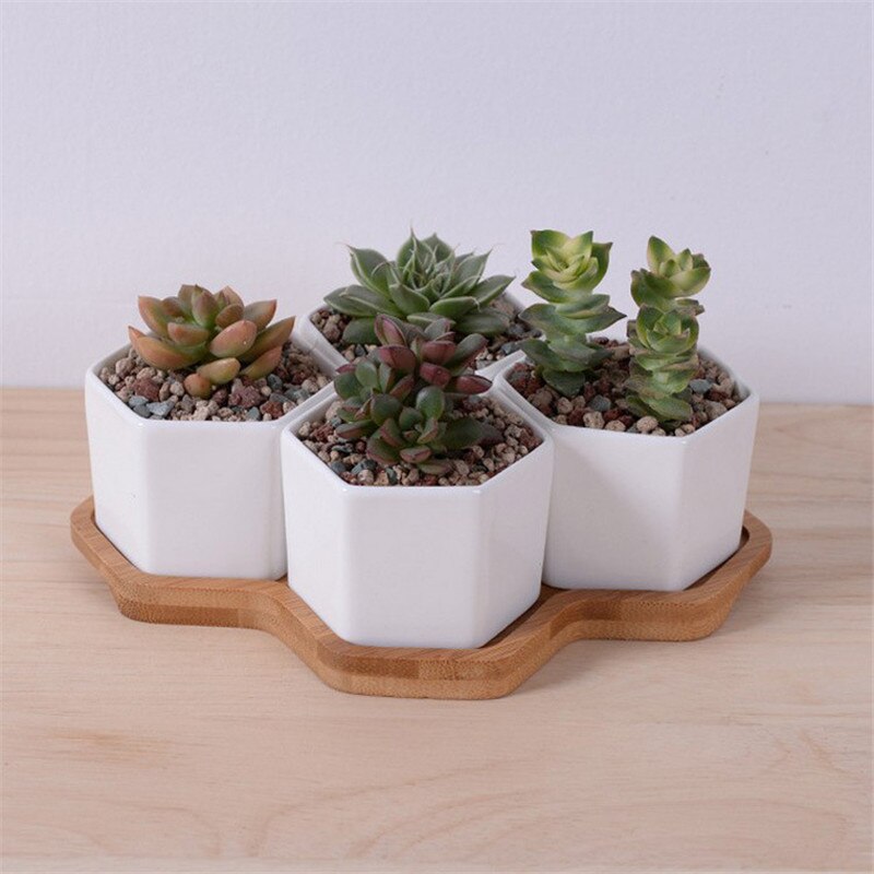4 stuks zeshoekige bloempotten, witte keramische vetplantenpot met bamboestandaard, kleine bonsaipotten, groene plantenbakken, woondecoratie
