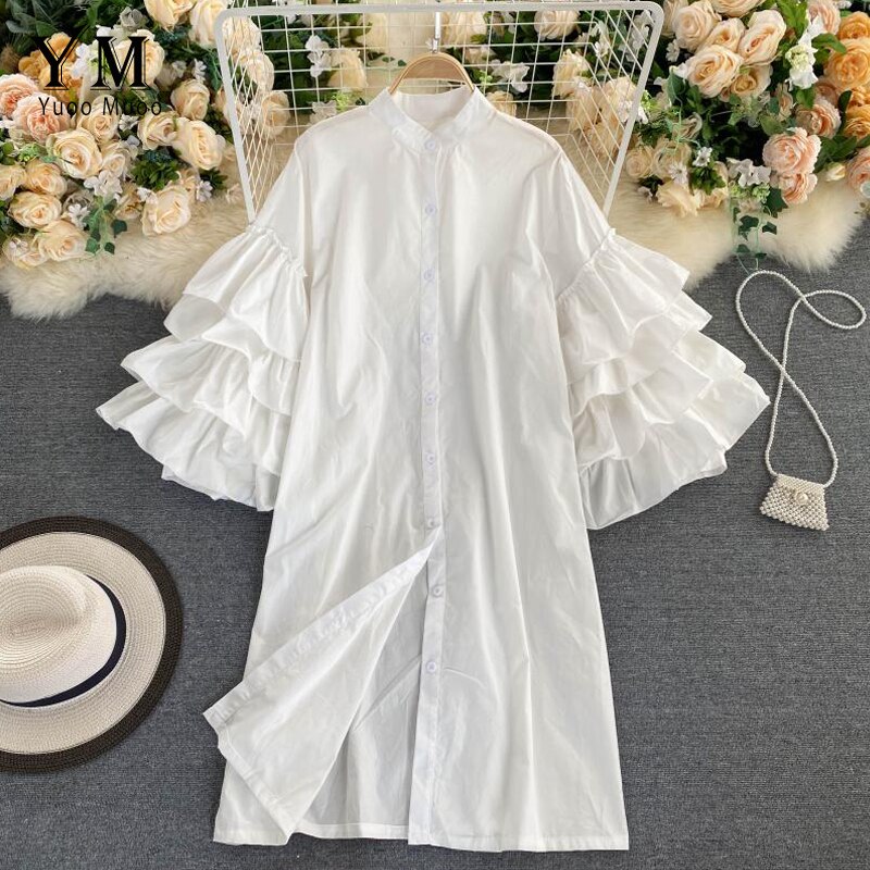 YuooMuoo-vestido verde con volantes de manga larga para otoño, Vestido camisero con una hilera de botones para mujer: Blanco