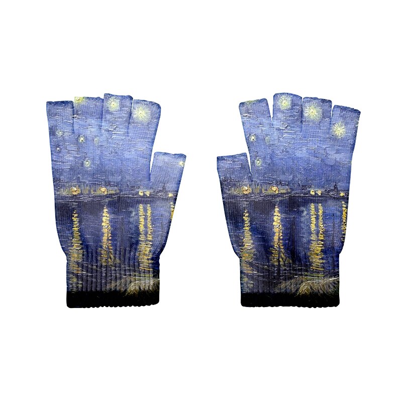 Guantes de punto de arte para adultos, guantes de medio dedo, pintura al óleo de Van Gogh, estampado, pantalla táctil, antideslizantes, guantes de muñeca: Style2