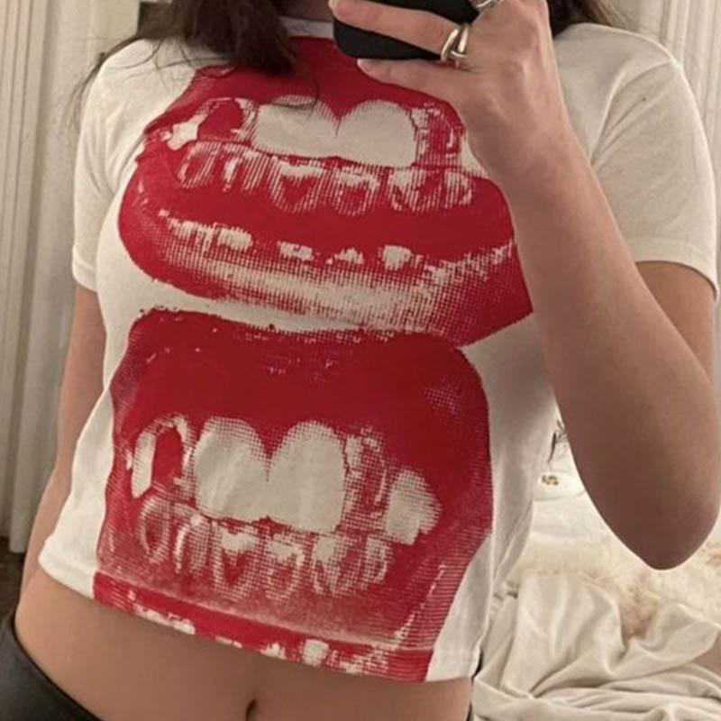 Punk Y2K bébé manches courtes haut gothique rue T-shirt femmes loisirs basique T-shirt femmes 2024 haut d'été E filles gothique EMO: S / Rouge