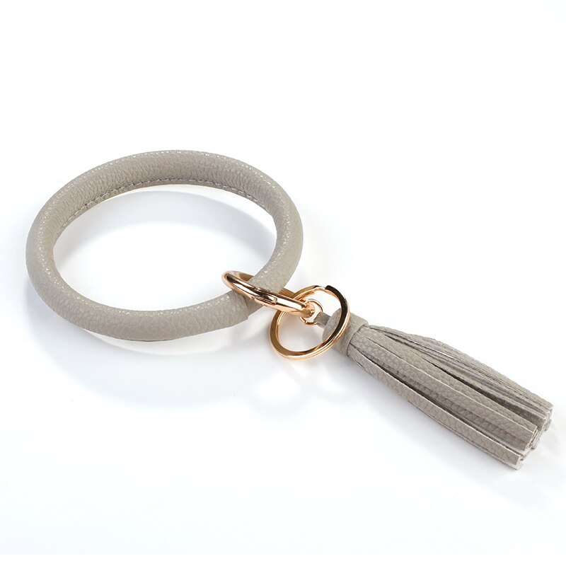 ALLYES Tassel Round Wristlet Keychain for Women Girls Charm Leather Bangles Key Chain Jewelry: Gray