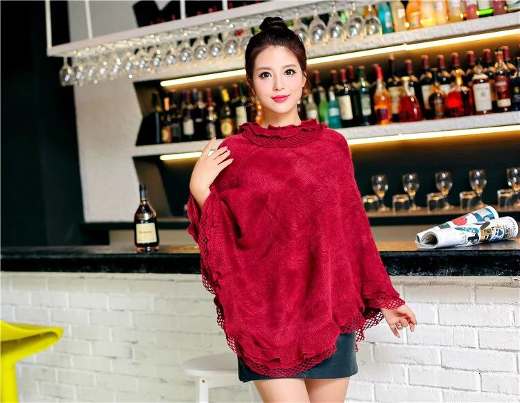 [visuelle aksler] ensfarvet pels cape poncho vinter kvinder frynser hæklet fleece poncho frakker sweater: Bordeaux farve
