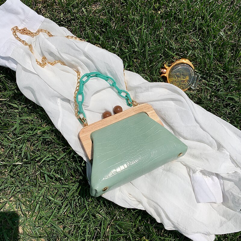 Simple Retro PU Soft Leather Clip Bag Alligator Shell Bags Chic Mini Shoulder Evening Clutch Purse Handbags Lady Chain Tote Bag: Green