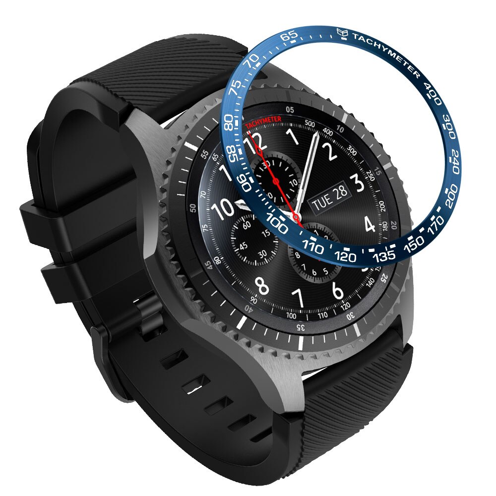 Cubierta de acero inoxidable para reloj inteligente Samsung Galaxy, 46MM, gear s3 frontier, anillo de bisel, cubierta adhesiva antiarañazos: blue white