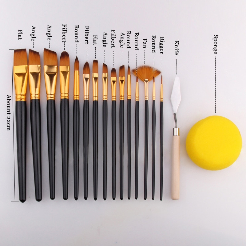 17 Pcs Set Artist Paint Brush With Carrying Case Knife Case Sponge Painting Black for Watercolor Paintbrush Oil Acrylic Drawing
