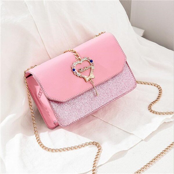 Gusure Shoulder Bag - Heart Sequin Flap - Chain Strap - Small PU Purse for Women: Pink