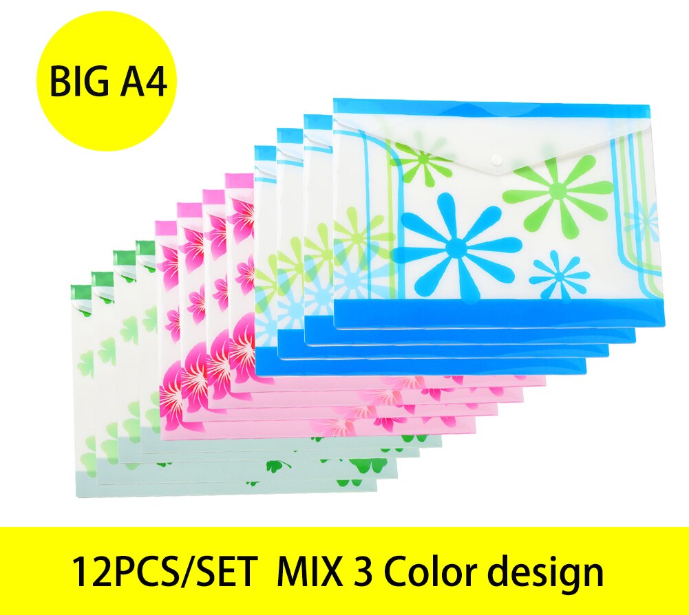 12pcs/set A4 file folder storage bag transparent plastic A5 document bag A3 office file bag school supplies paper bag folder: BIG A4 mix 4design-7