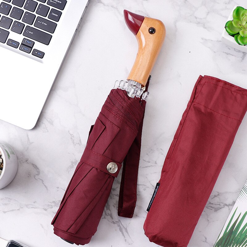 Cute Duck Head Umbrella Rain Women Automatic Windproof Sun Umbrella Men Three Fold Waterproof Travel Umbrella Parasol: Oxblood red