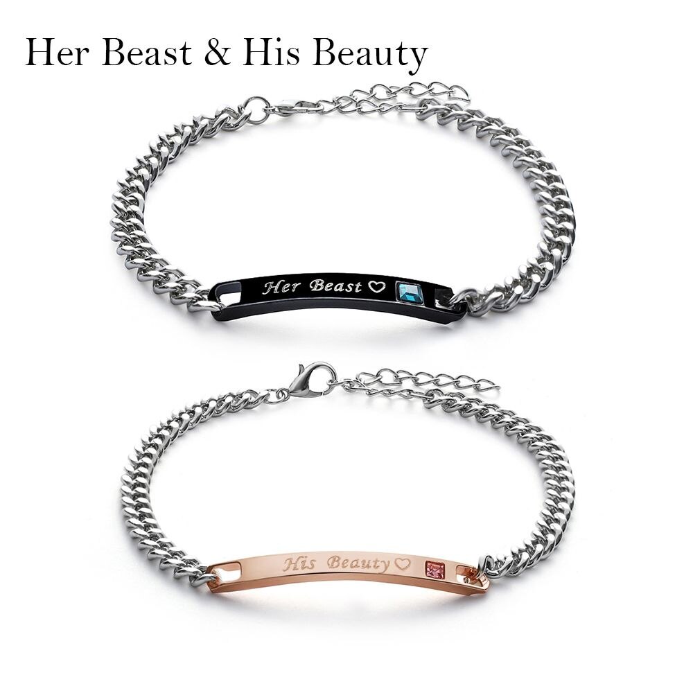 Un par de encantadoras pulseras a la para hombre y mujer, de Her King, su Reina, corona de cristal romántica, accesorios de , joyería de mano: Her Beast-His Beauty