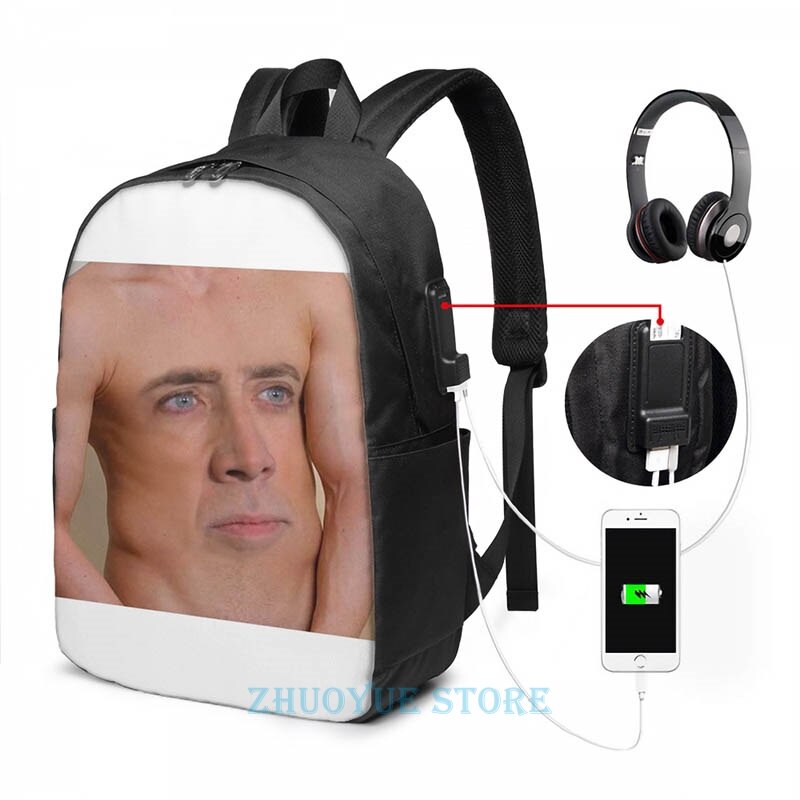 Funny Graphic print Nicolas Cage Ribcage USB Charge Backpack men
