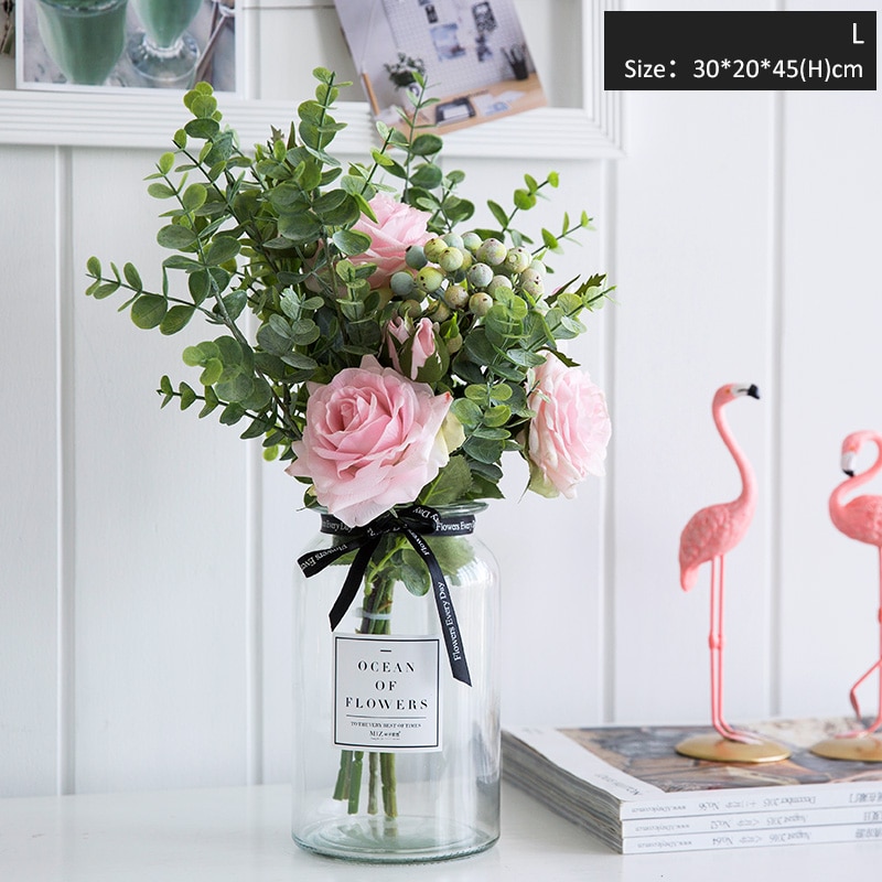 Miz Artificial Flowers for Wedding Vases for Flowers Home Decor Artificial Flower Bouquet with Vase Wedding Table Decoration: pink L