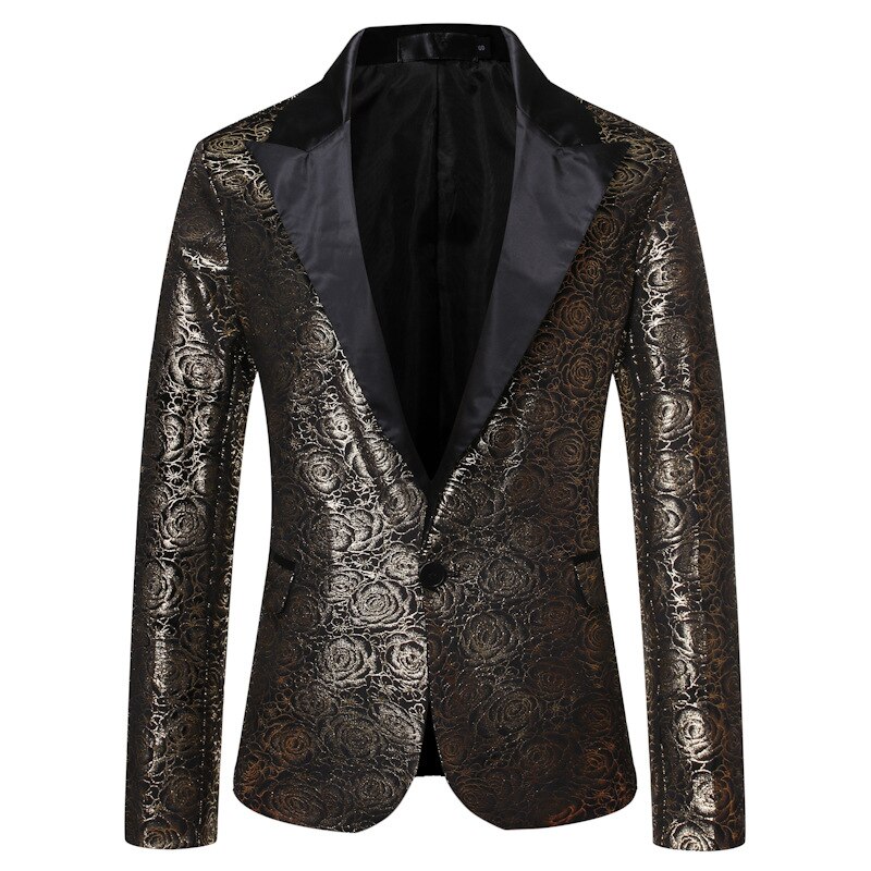 Men's Rose Gold Print Suit Jacket One Button Patchwork Colalr Dress Blazers Male Party Dinner Wedding Stage Clothes for Singers: Black / US Size M