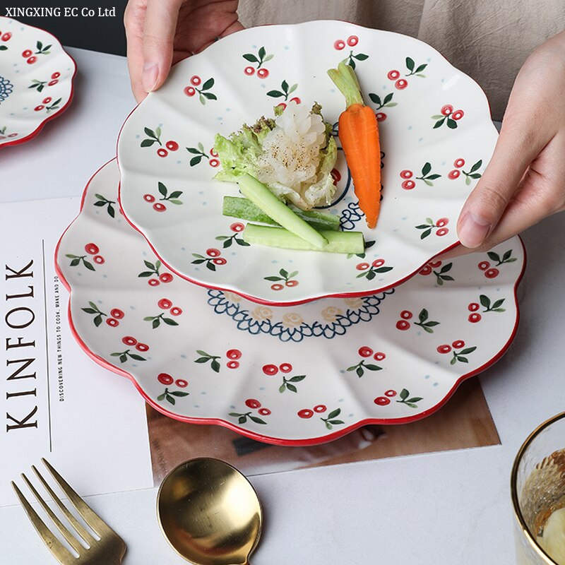 Hand-painted Cherry Ceramic Plate Household Tableware 10 Inch Plate Steak Plate Cute Fruit Plate Small Plate Tableware