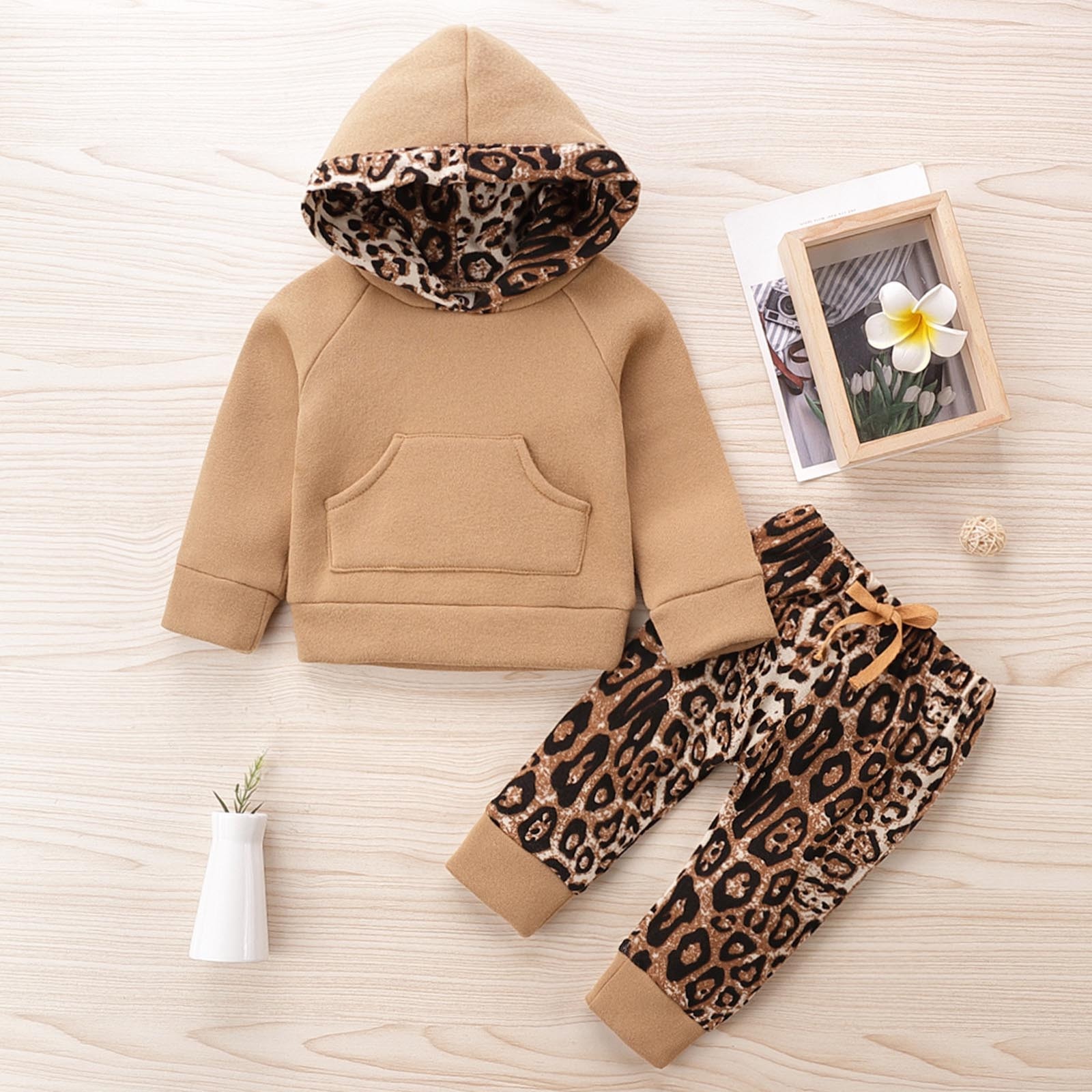 Peuter Set Baby Jongens Meisjes Winter Mode Dikke Warme Capuchon Leopard Pocket Socket Tops + Broek Outfits Kinderen kleding
