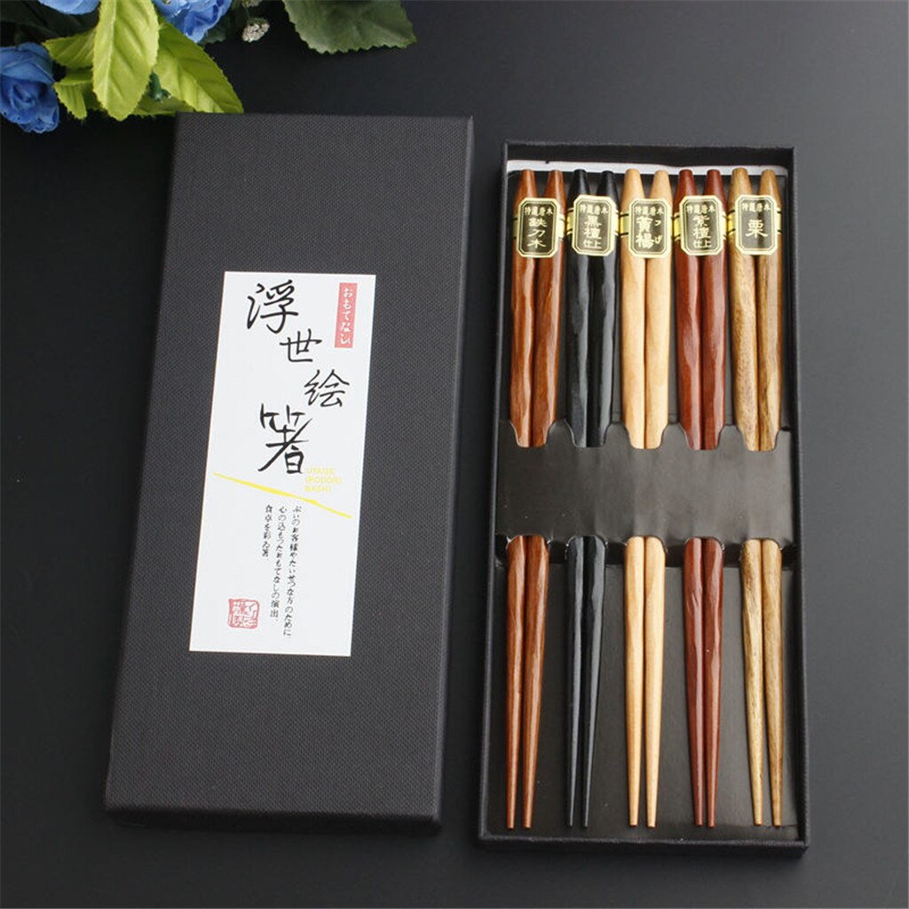 5 Pairs Japanse Herbruikbare Eetstokjes Natuurlijke Beuken Eetstokjes Chinese Set Hout Chinese Retro Log Eetstokjes Doos Geven # G