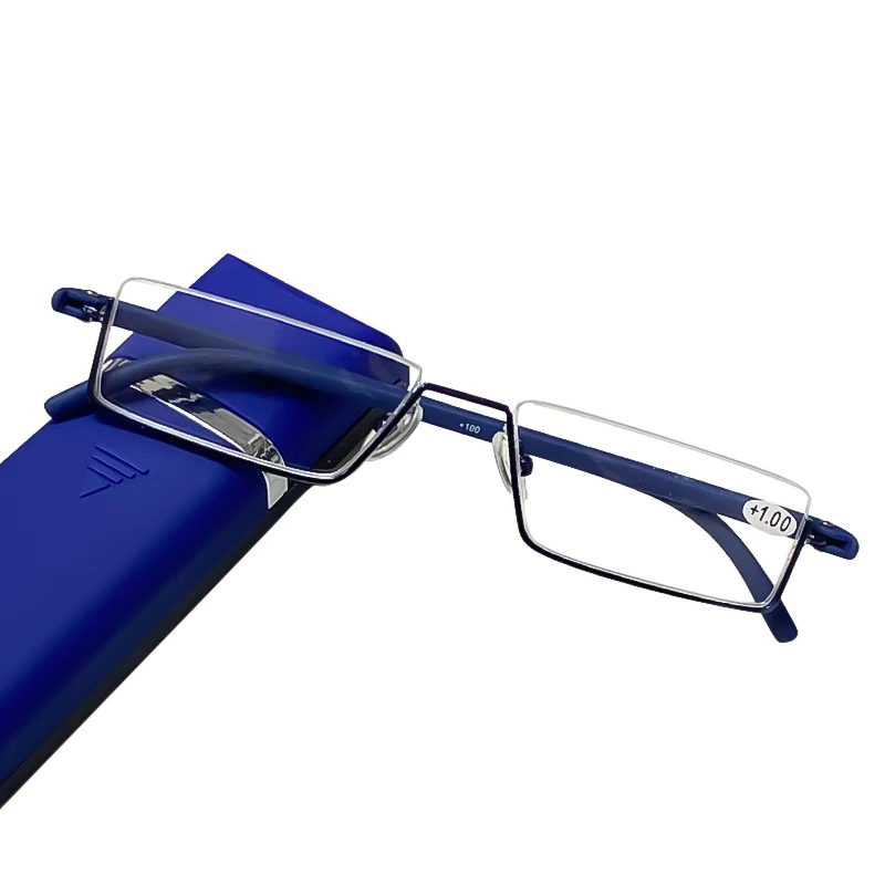 Gafas de lectura flexibles de medio marco con caja para hombres y mujeres, gafas portátiles antiazules, gafas para presbicia Unisex + 1,0 a + 4,0: Gris / +100