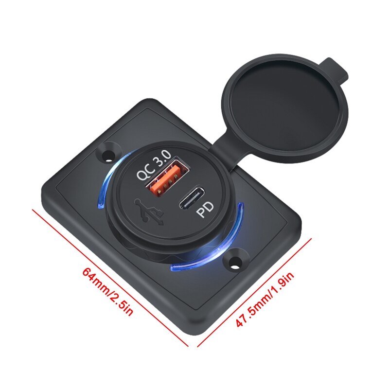 12V-24V USB C &amp; USB Dual Port PD &amp; QC 3.0 Car Charger Socket Power Outlet Charging Adapter for Car, Boat, Marine