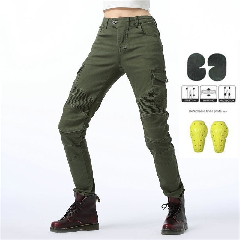 Komine Same Style Spring and Autumn Female Motorcyclist Anti-fall Jeans With Protective Gear Women Knight Moto Pants Equipment: green A / 26