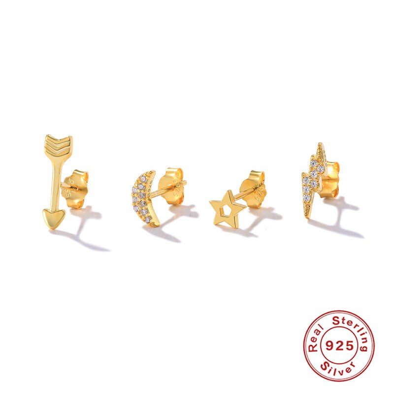 Aide 4Pcs Star Moon Mini Stud Oorbellen 925 Sterling Zilver Zirconia Piercing Oorbellen Voor Vrouwen Pendientes Plata 925: Default Title