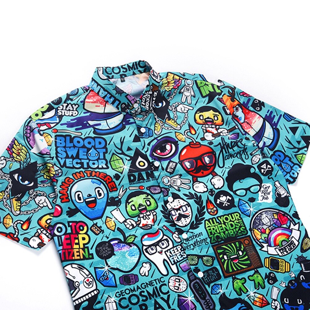 Camiseta de talla grande 2XL de verano con estampado de dibujos animados en 3D para hombre, camiseta de manga corta con cuello vuelto, blusa Hawaiana para vacaciones en la playa