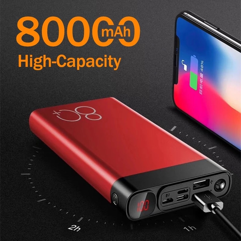 80000mAh Power Bank Portable with LED Light HD Digital Display TCharger Travel Fast Charging PowerBank for Xiaomi Samsung IPhone