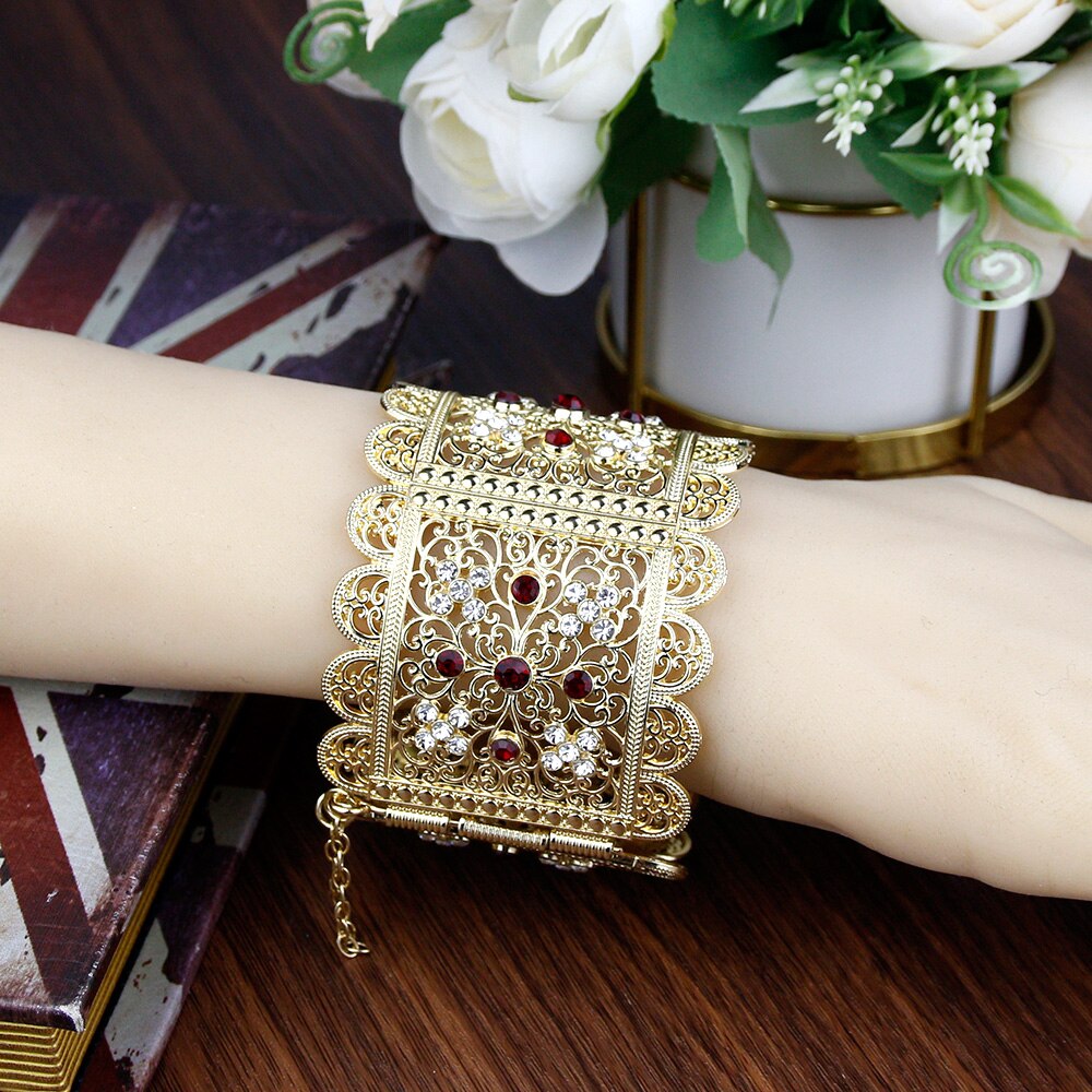 Sunspicems – Bracelet algérien marocain pour femmes, couleur or, grande taille, manchette en fleur de cristal, ethnique indienne, bijoux de mariage