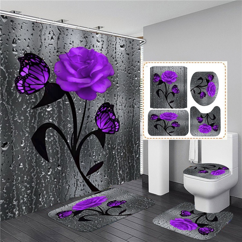 Rideau de Douche 3D Imperméable à Imprimé Rose en Polyester, Accessoires Disponibles en 5 Couleurs, Ensemble de Moquette de Décoration et Tapis de Bain Antidérapant pour toilette et Maison: 4PCS SET-D