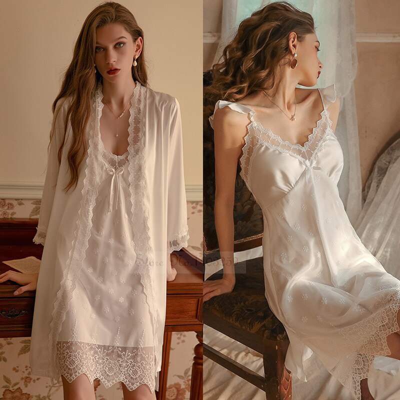 Wit Kant Bruid Bruidsmeisje Wedding Robe Set Vrouwen Zomer Nachtkleding Kimono Badjas Gown Losse Toevallige Slaap Pak Sexy Huis Jurk
