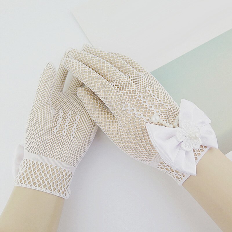 Girls Lace Pearl Gloves Kids Mesh Bow Party Gloves Supplies Birthday Ceremony Coronation Princess Accessories Mittens