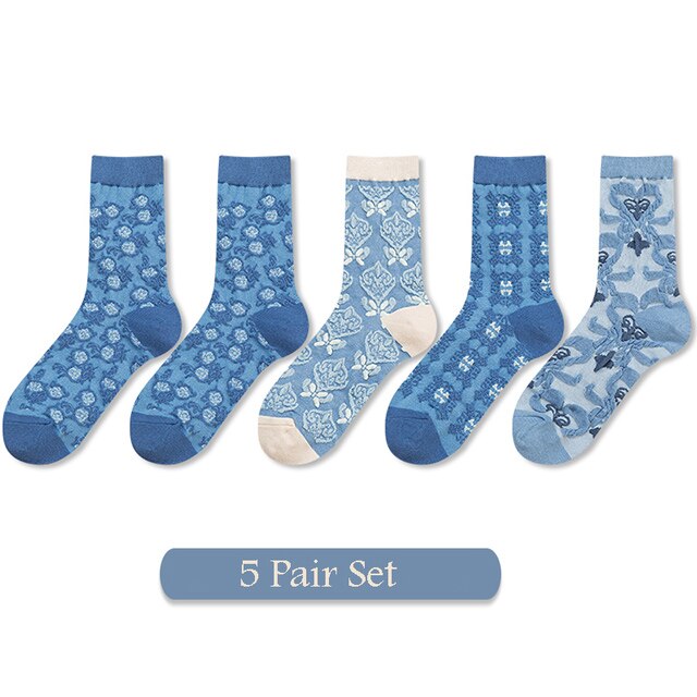 5 Pairs Vrouwen Sokken Set Herfst Winter Bloemen Printing Katoen Harajuku Blauwe Accessoires Geometrie Hartvormige Femme Sokken Kawai: D