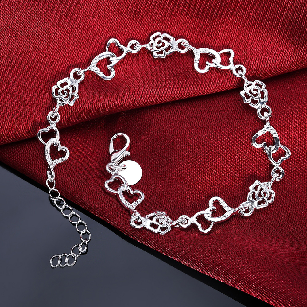 Beautiful 925 Sterling Silver Bracelet for women bracelet HEART lovely FLOWER chain Wedding Party cute lady nice jewelry