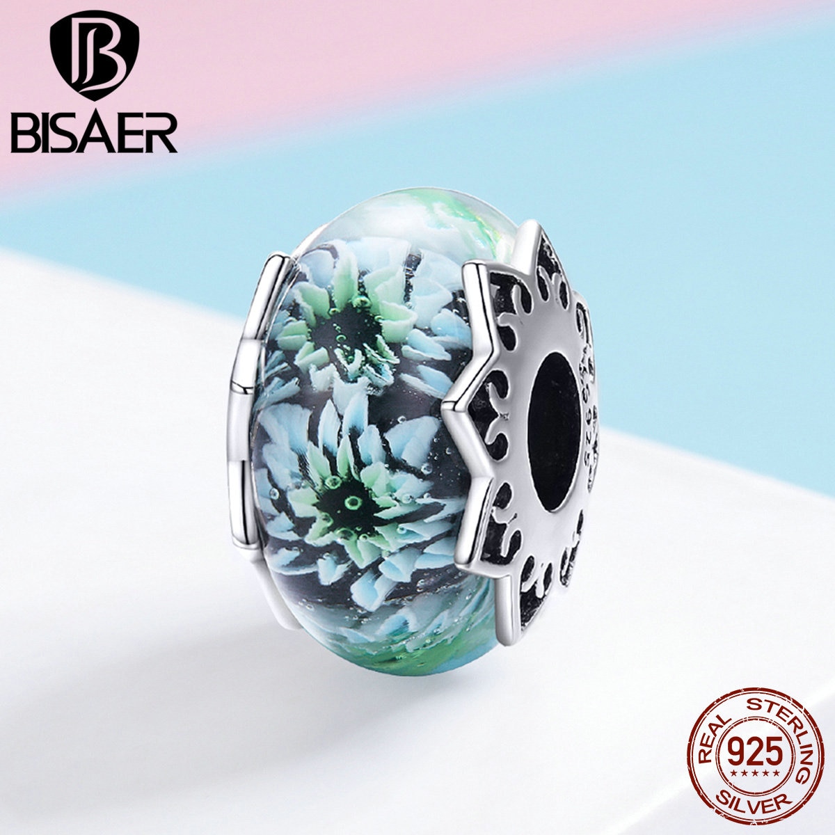 Cuentas de cristal europeas BISAER de Plata de Ley 925 con forma de flor Cyan de gran , pulseras con colgantes DIY, fabricación de joyas ECC1011