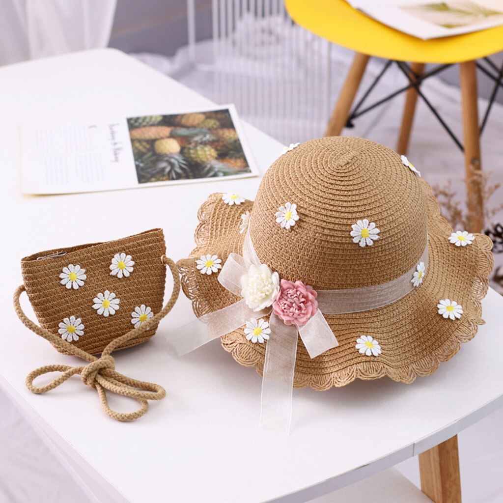 Sombrero de paja de verano para niñas de 2 a 7 años, sombrero para el sol para turismo, sombrero para el sol de flores para niños y niñas, conjunto de bolso, bolsa de paja de playa, bolso de hombro, bolsos #3: G