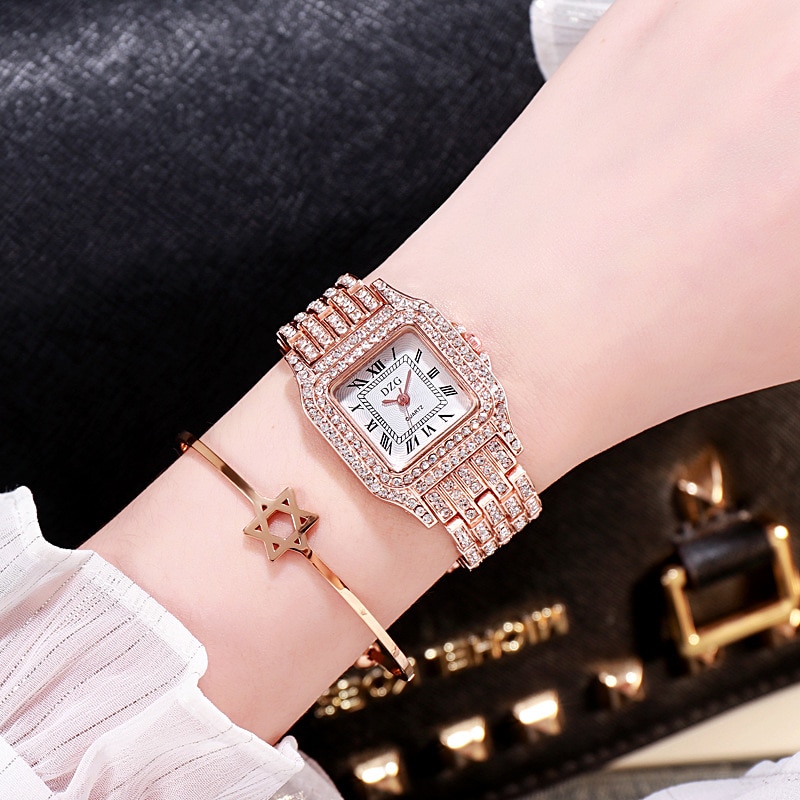 Fyrkantigt armbandsur vatten diamant damklocka studentklocka högkvalitativ legering quatz klocka