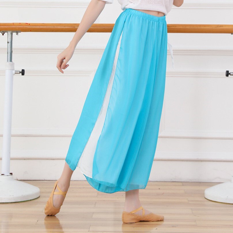 Pantalon Long léger avec fente latérale pour femme, sarouel ample à deux couches, couleur contrastée, tenue d'entraînement pour danseuse, rouge-blanc: Blue
