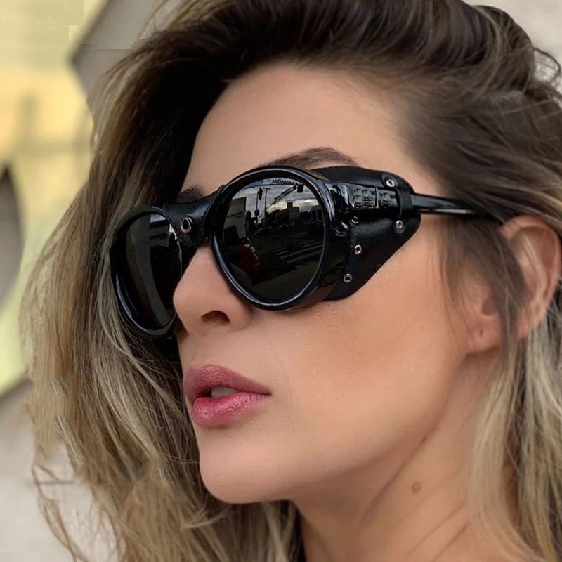 Gepolariseerde Zonnebril Voor Vrouwen Mannen Ronde Steampunk Lederen Brillen Vintage Luxe GOGGLES Oculos UV400 Gafas