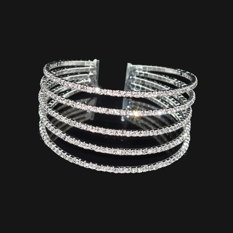 dame cristal ouvert Bracelets et Bracelets or argent plaqué Bracelet strass pour les femmes Bling mariage fête bijoux: 5 rows of silver