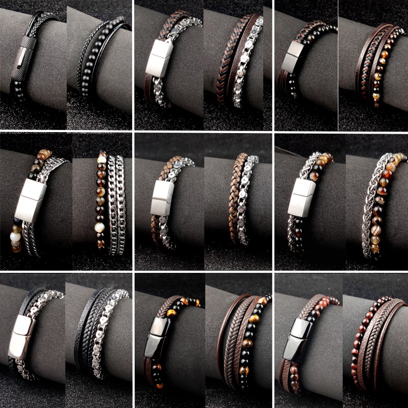 Pulseira de couro trançado para homens vintage, 4 tamanhos de tigre, pedra de amuleto, pulseira étnica rústica de aço inoxidável com contas